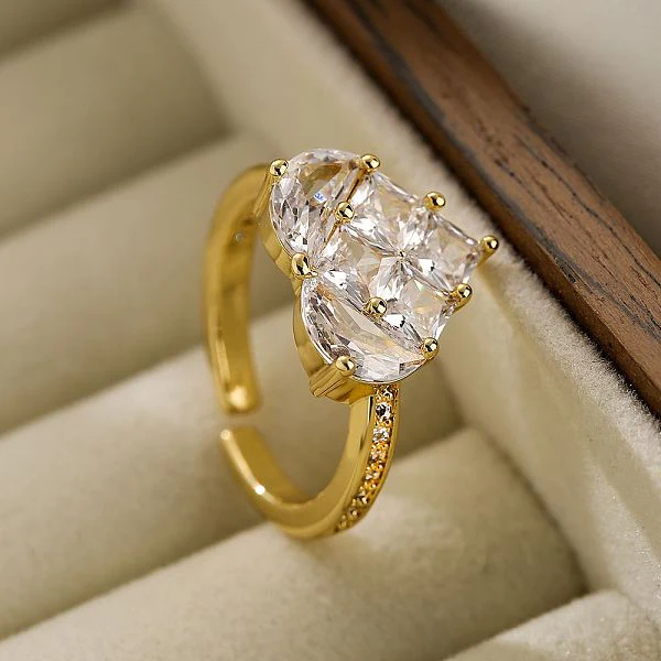 Sweet Simple Style Heart Shape Rectangle  Gold Plated Zircon Copper Open Ring