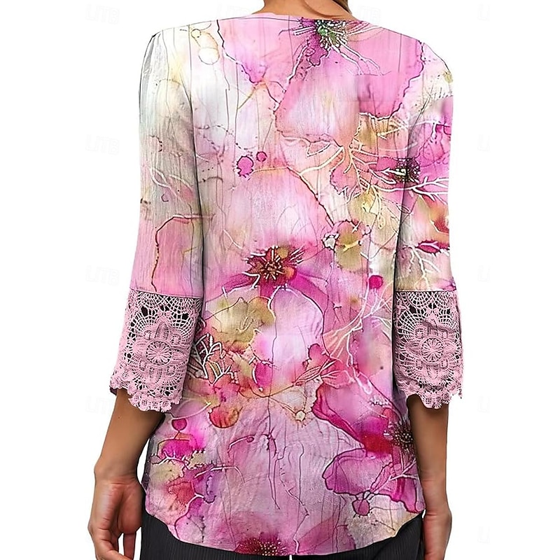 Elegant Ombre Floral Lace Button Tunic with 3/4 Sleeves for Women – Stylish Casual V Neck Summer & Spring Wear