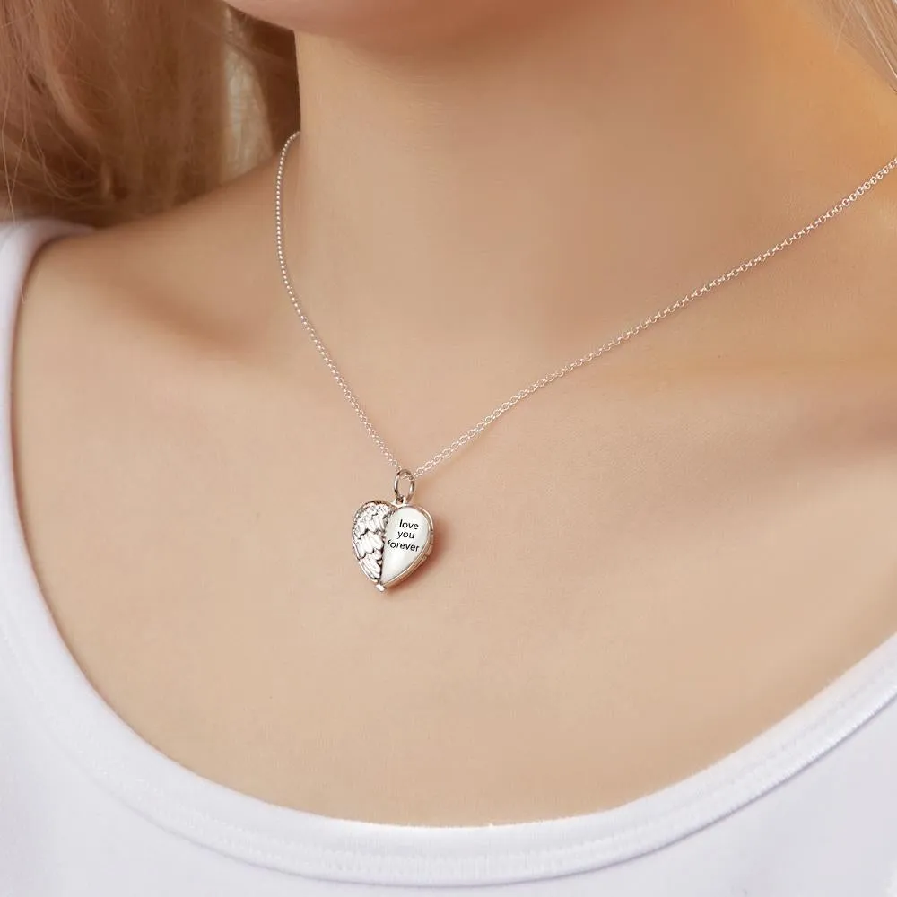 Custom Engraved Photo Heart-Shaped Flip Necklace with Angel Wings – Personalized Gifts for Couples