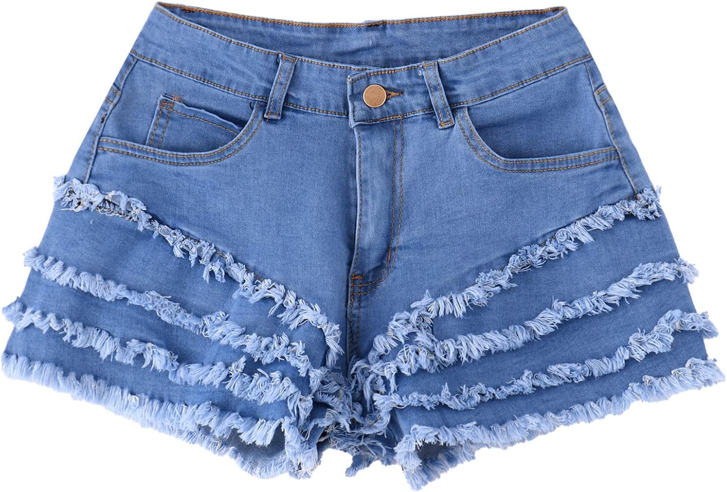 Women Summer Jean Shorts Casual High Waisted Layered Frayed Raw Hem Denim Shorts