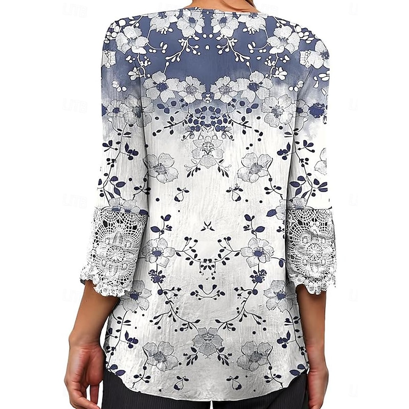 Elegant Ombre Floral Lace Button Tunic with 3/4 Sleeves for Women – Stylish Casual V Neck Summer & Spring Wear
