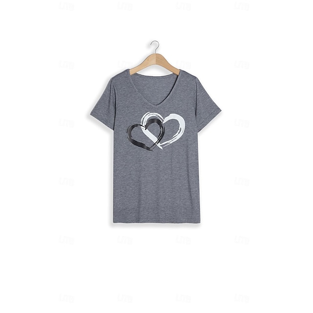 Valentine's Day Heart Print Cotton V Neck Tee with Short Sleeves - Casual Weekend Top in Multiple Sizes