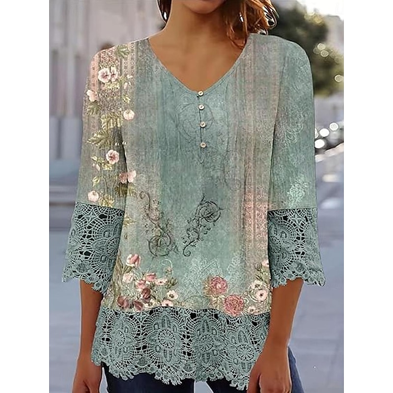 Elegant Ombre Floral Lace Button Tunic with 3/4 Sleeves for Women – Stylish Casual V Neck Summer & Spring Wear