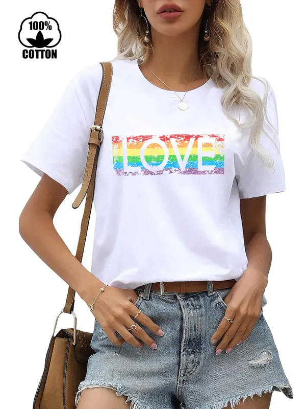 Women's T-shirt Short Sleeve T-Shirts Printing Streetwear Letter Rainbow